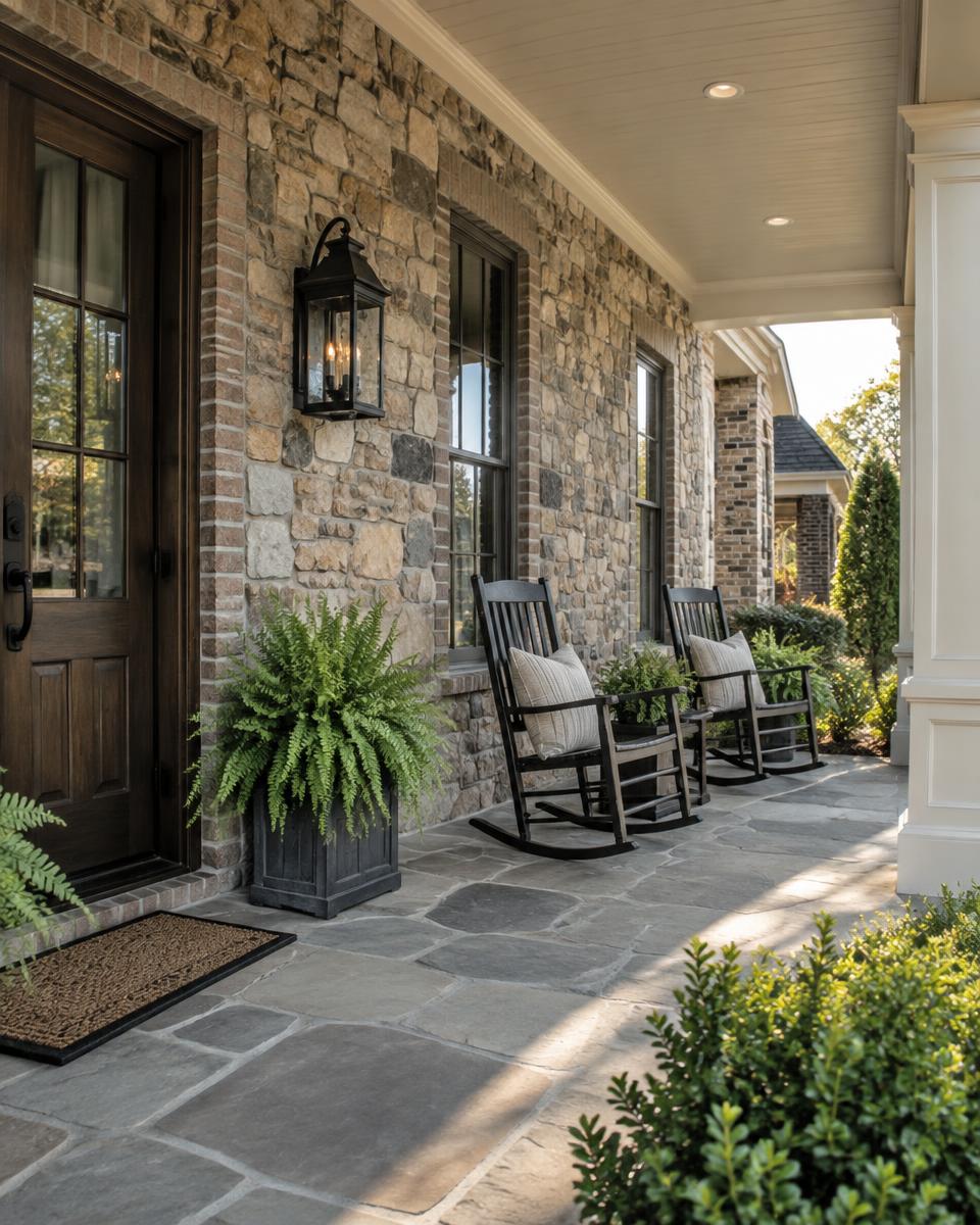 A stone front porch with rocking chairs