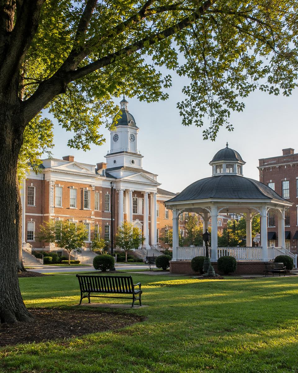 A town green with a gazebo near brick civic buildings