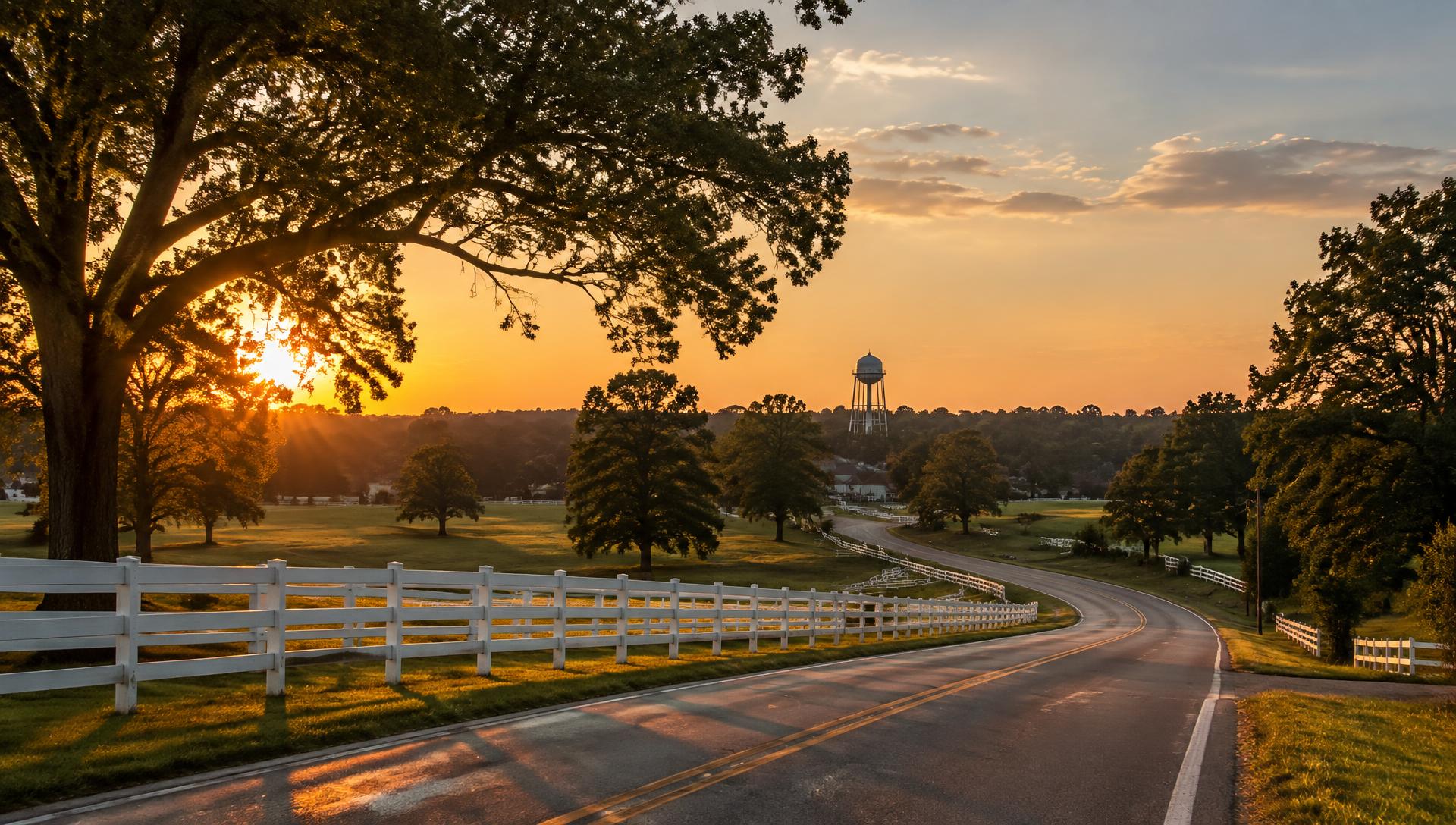 A country road past white-fenced pastures toward the Mint Hill water tower at sunset