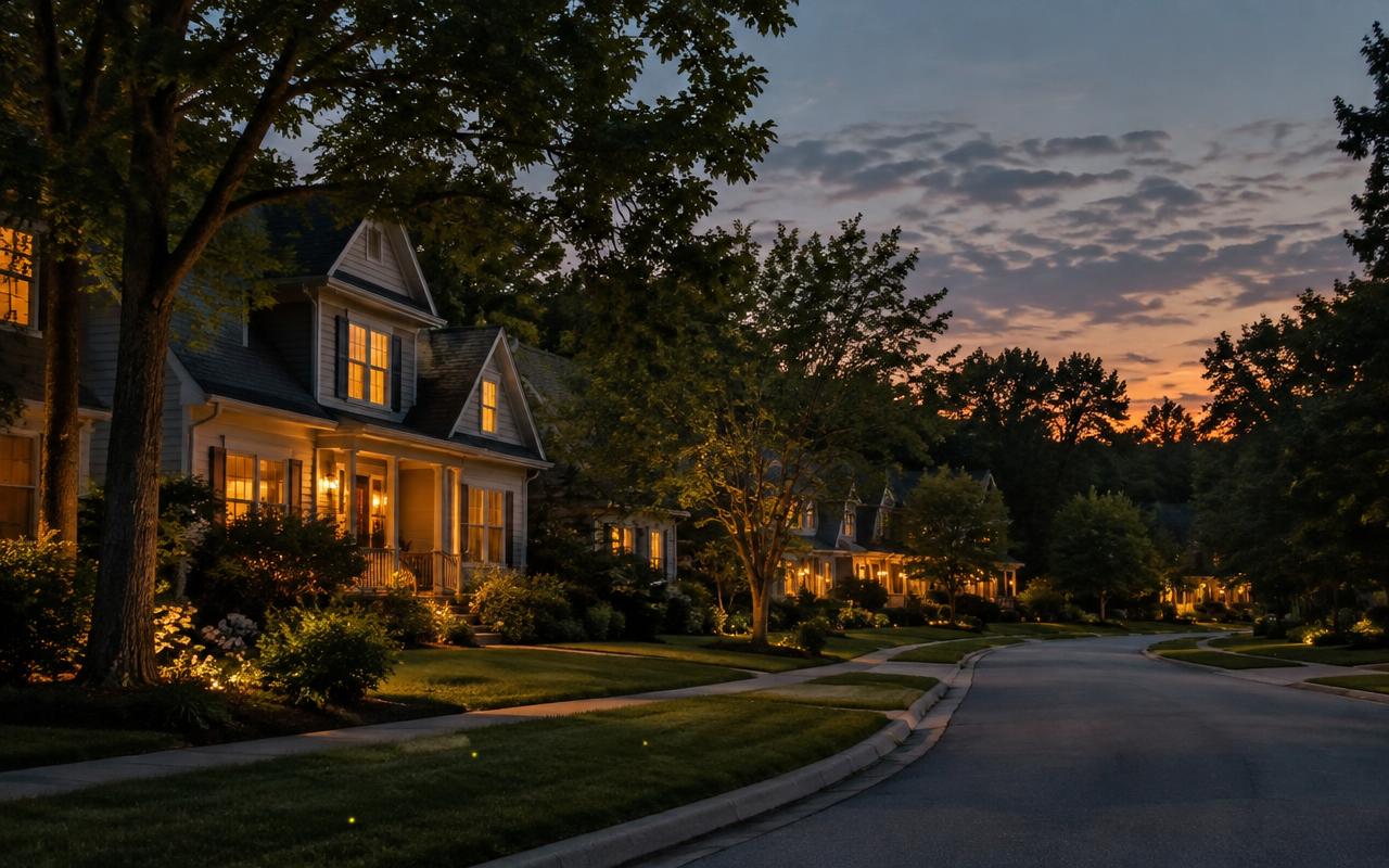 A quiet suburban street at dusk with glowing porch lights